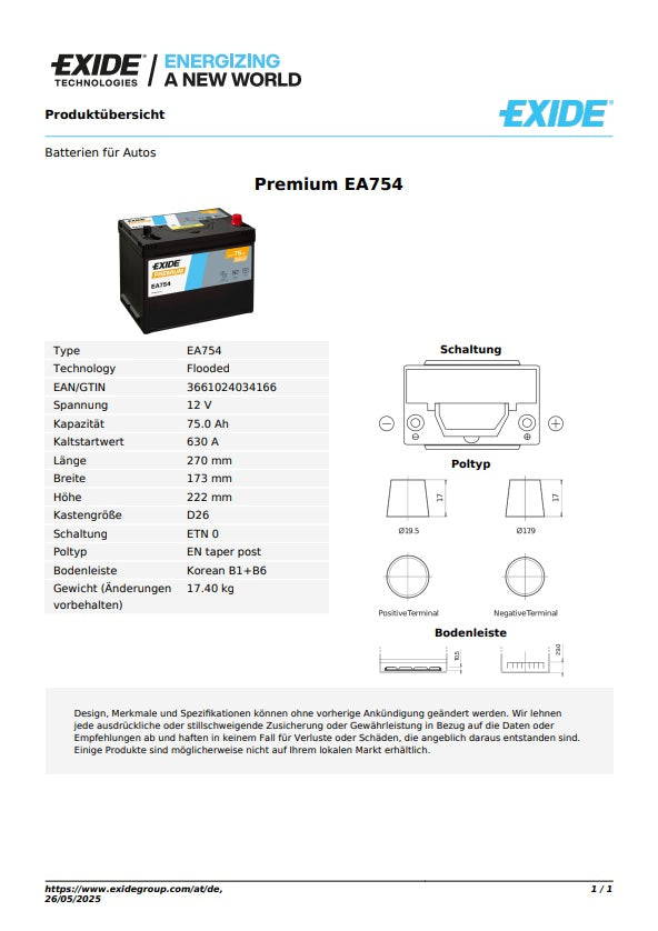Exide Batterie Premium 12V 75AH 630A