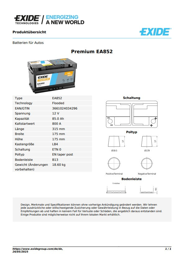 Exide Batterie Premium 12V 85AH 800A