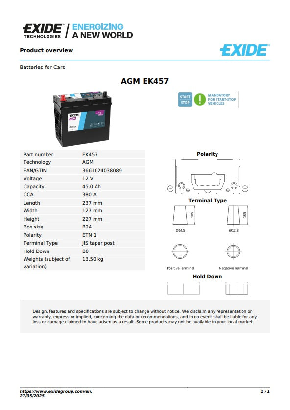 Exide Batterie AGM 12V 45AH 380A