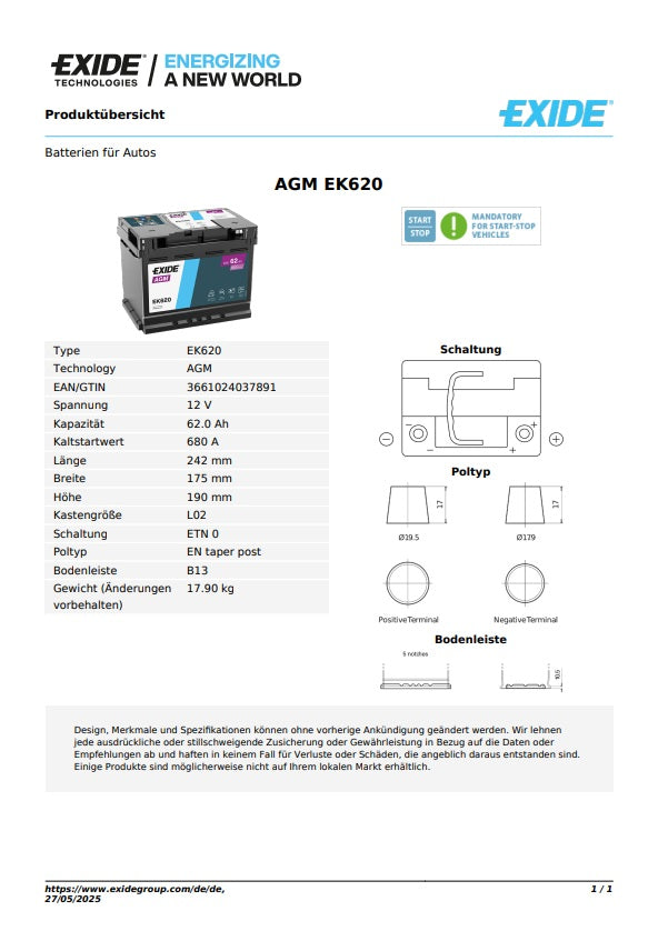 Exide Batterie AGM 12V 62AH 680A