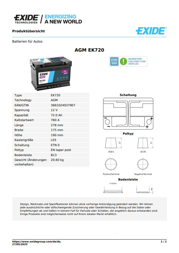 Exide Batterie AGM 12V 72AH 760A