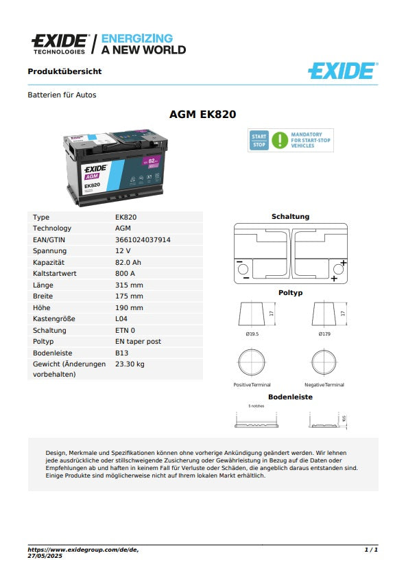 Exide Batterie AGM 12V 82AH 800A