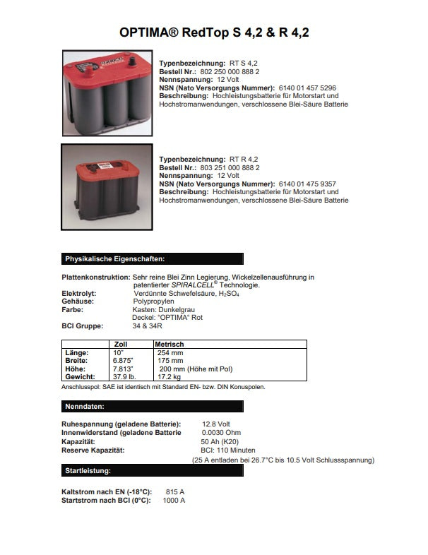 Optima Batterie Red 12V 50AH 815A