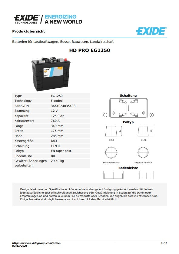 Exide Batterie HD PRO 12V 125AH 760A