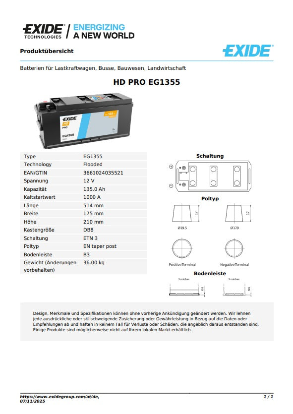 Exide Batterie HD PRO 12V 135AH 1000A