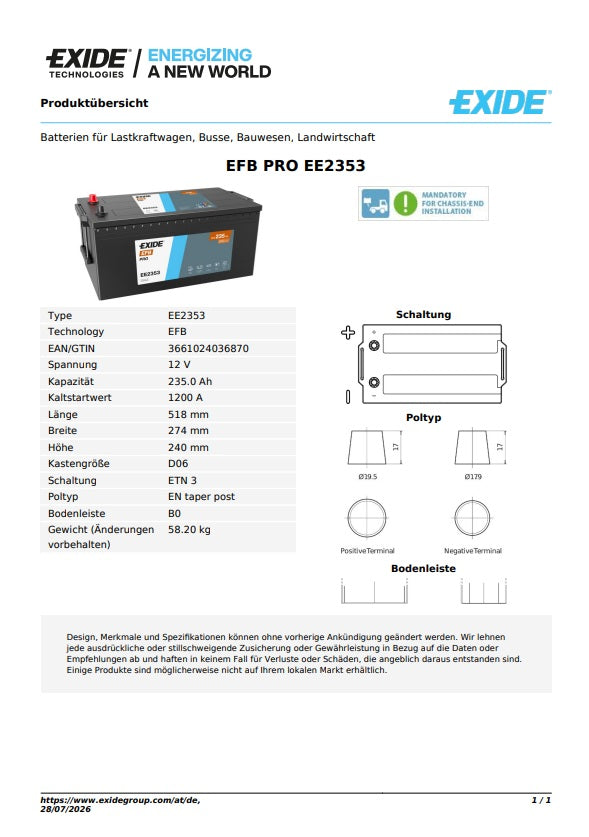 Exide Batterie EFB PRO 12V 235AH 1200A