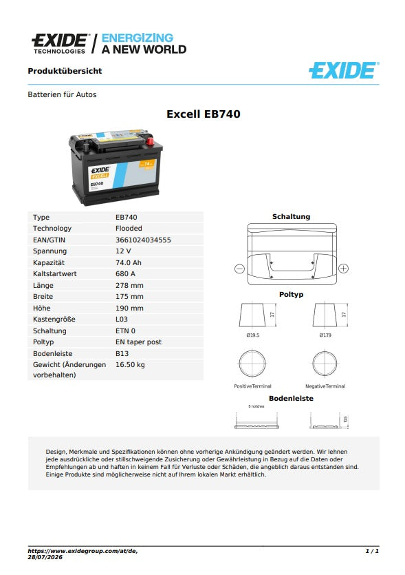 Exide Batterie 74AH 680A