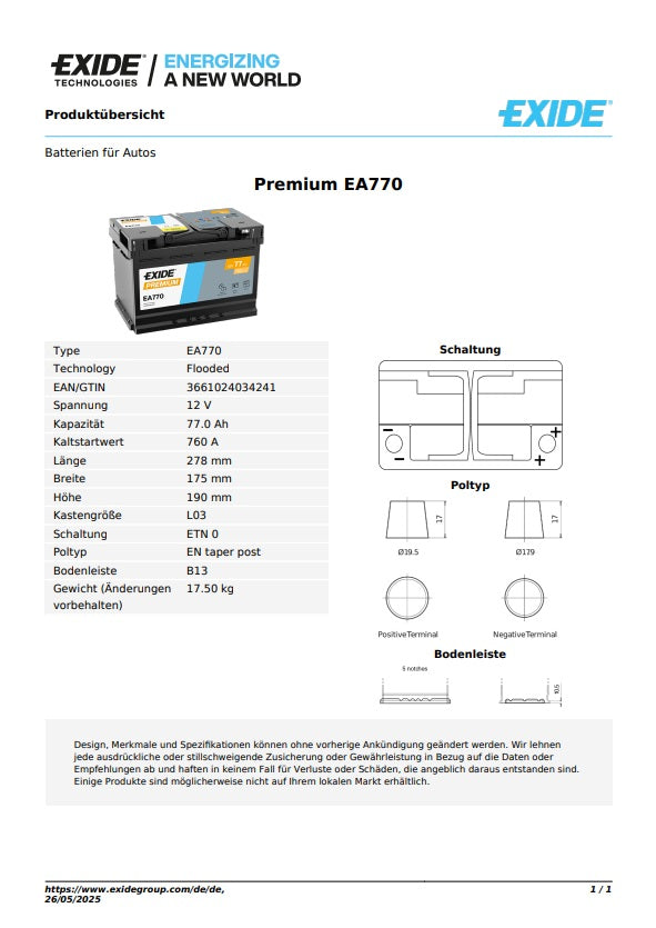 Exide Batterie 12V 77AH 760A