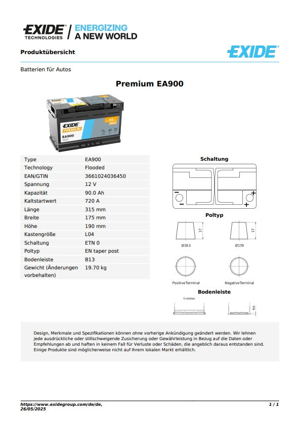 Exide Batterie 12V 90AH