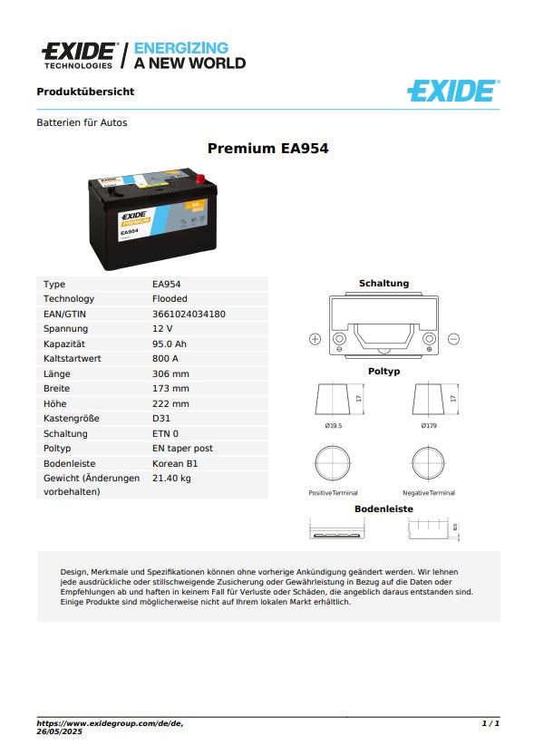 Exide Batterie Premium 12V 95AH 800A