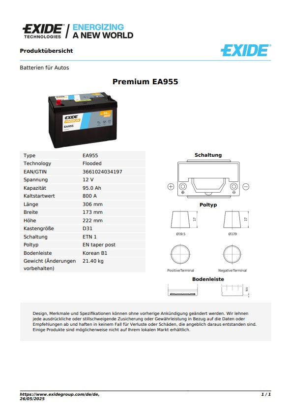 Exide Batterie Premium 12V 95AH 800A