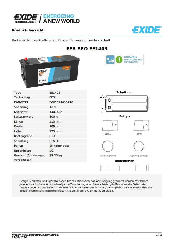 Exide Batterie EFB PRO 12V 140AH 800A