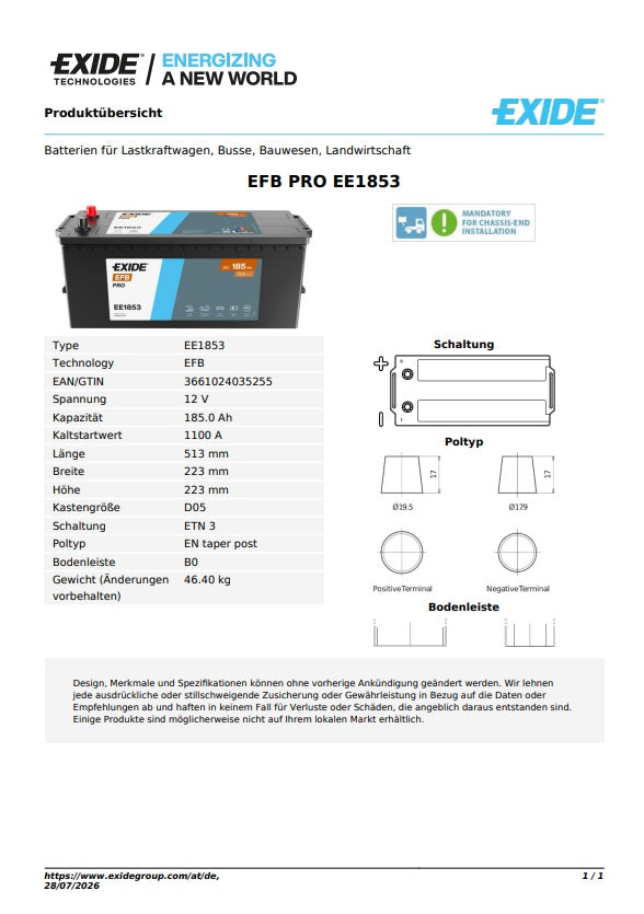 Exide Batterie EFB PRO 12V 185AH 1100A