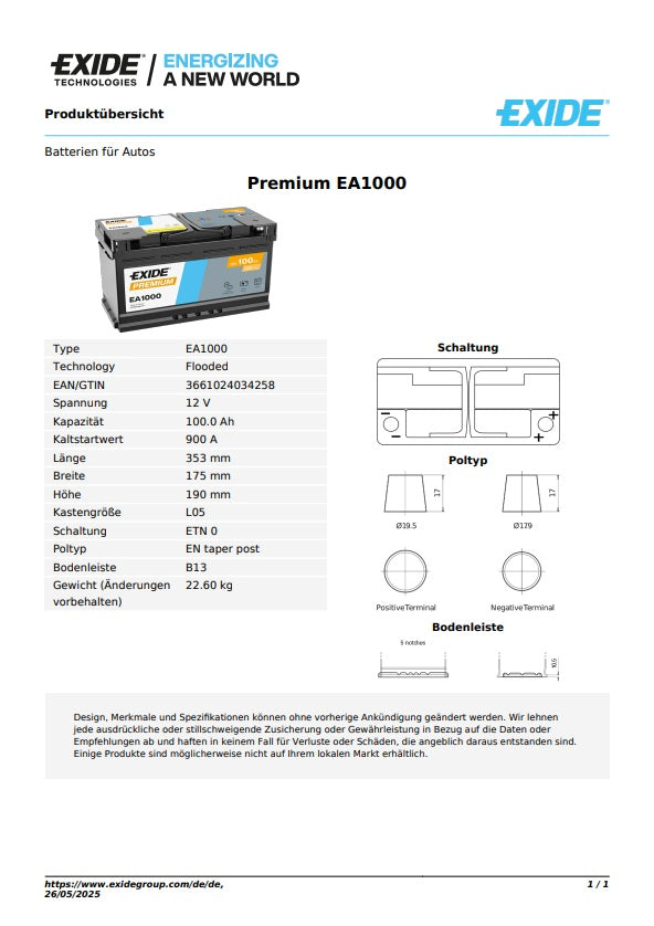 Exide Batterie Premium 12V 100AH 900A